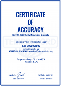 Temprecord Certificate of Accuracy Temprecord data logger